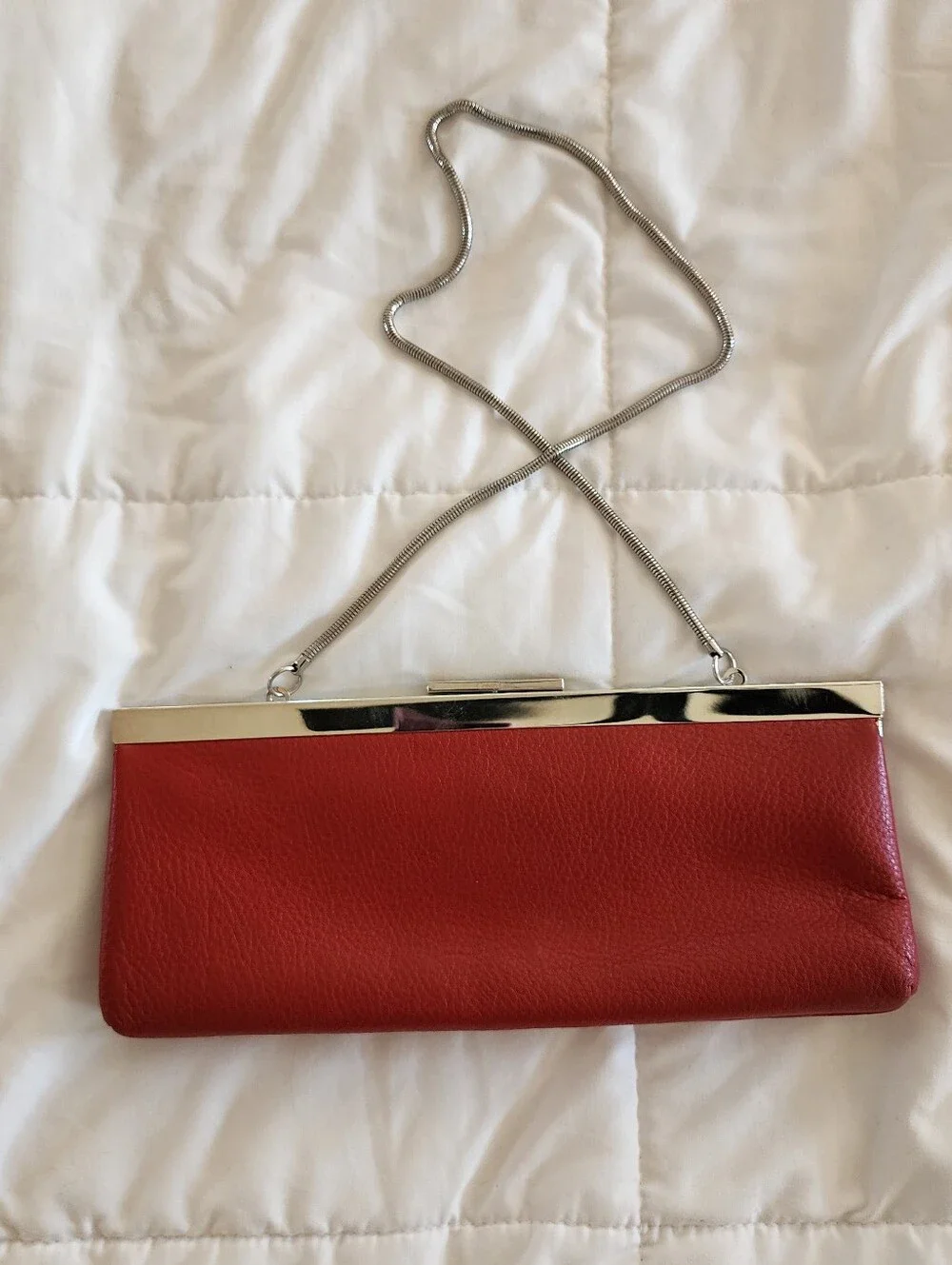Red Leather Chain-Handle Clutch